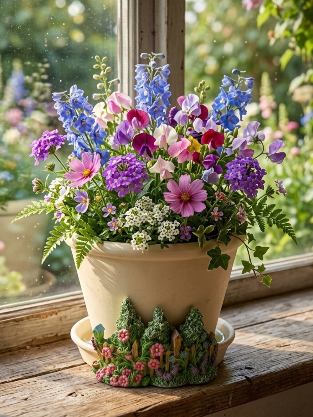 Kohls Cream Oval Flower Pot Planter with Floral applique & built in saucer